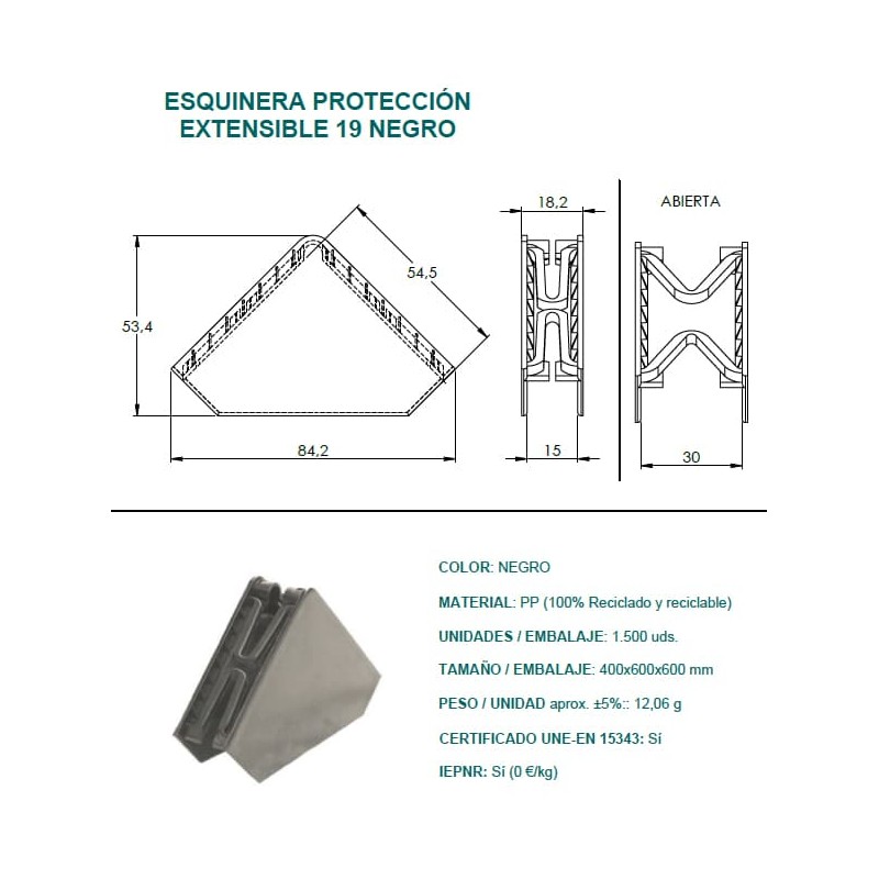 ESCUADRA CANTONERA EXTENSIBLE 19MM NEGRO