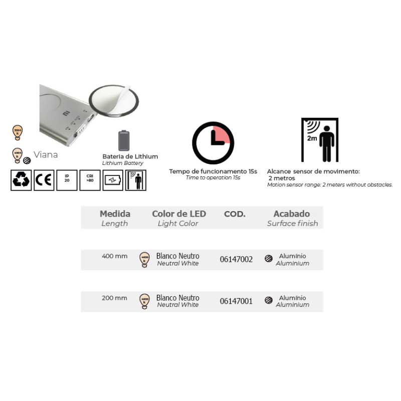 LED VIANA PIR 4000K BATERIA LITIO RECARGABLE ALUMINIO MATE