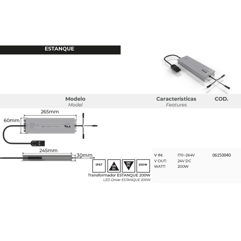 CONVERTIDOR ESTANQUE IP67 200W 24V